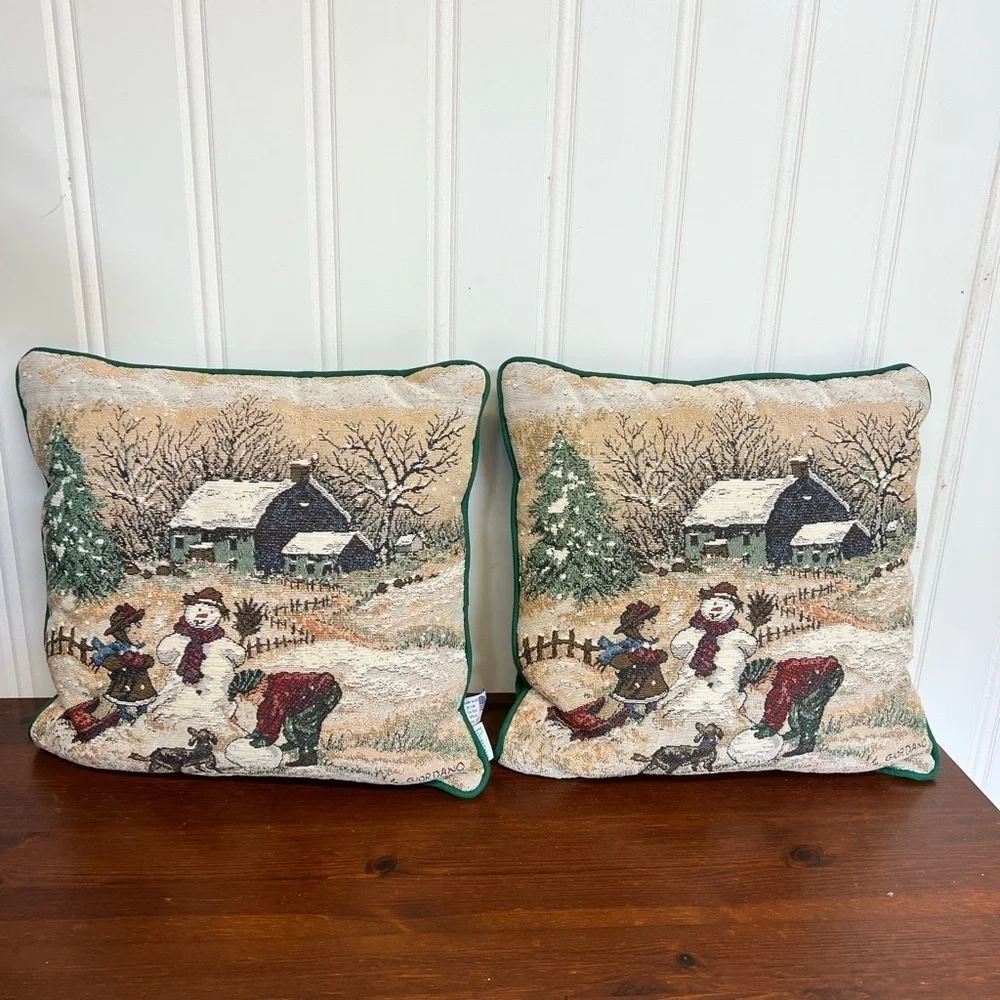 Riverdale Made In USA Cream and Green Holiday Pillows with Snowy Scene